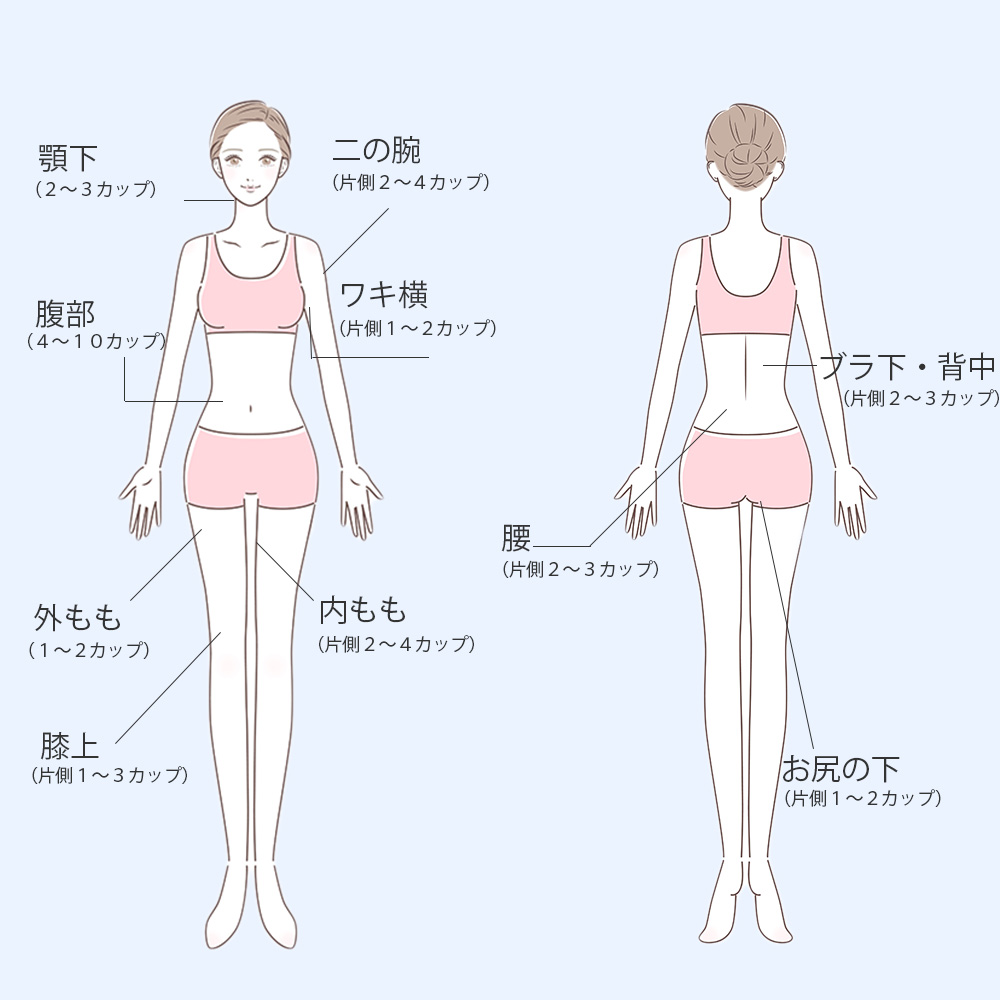 二の腕（片側1～2カップ）・アゴ下（1～2カップ）・腹部（2～6カップ）・外もも・ひざ上（片側1～3カップ）・内もも（片側1～3カップ）・わき腹（片側1～2カップ）・ワキ横（片側1～2カップ）・ブラ下（片側1～2カップ）・腰（片側1～2カップ）・お尻の下（片側1～2カップ）・背中